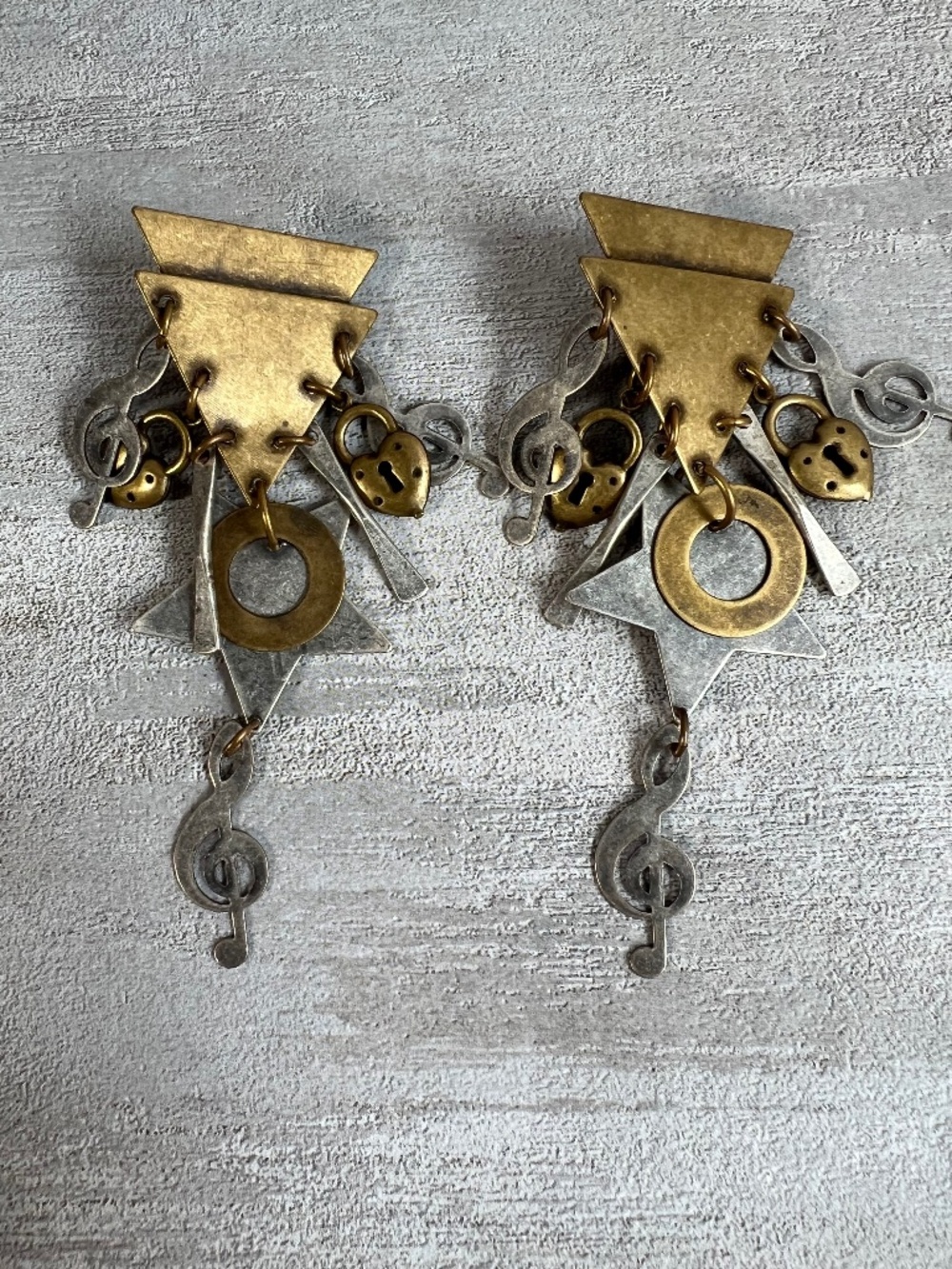1993 Susan L. Richardson Mixed Metal Art Earrings Music Notes, Stars, Hearts